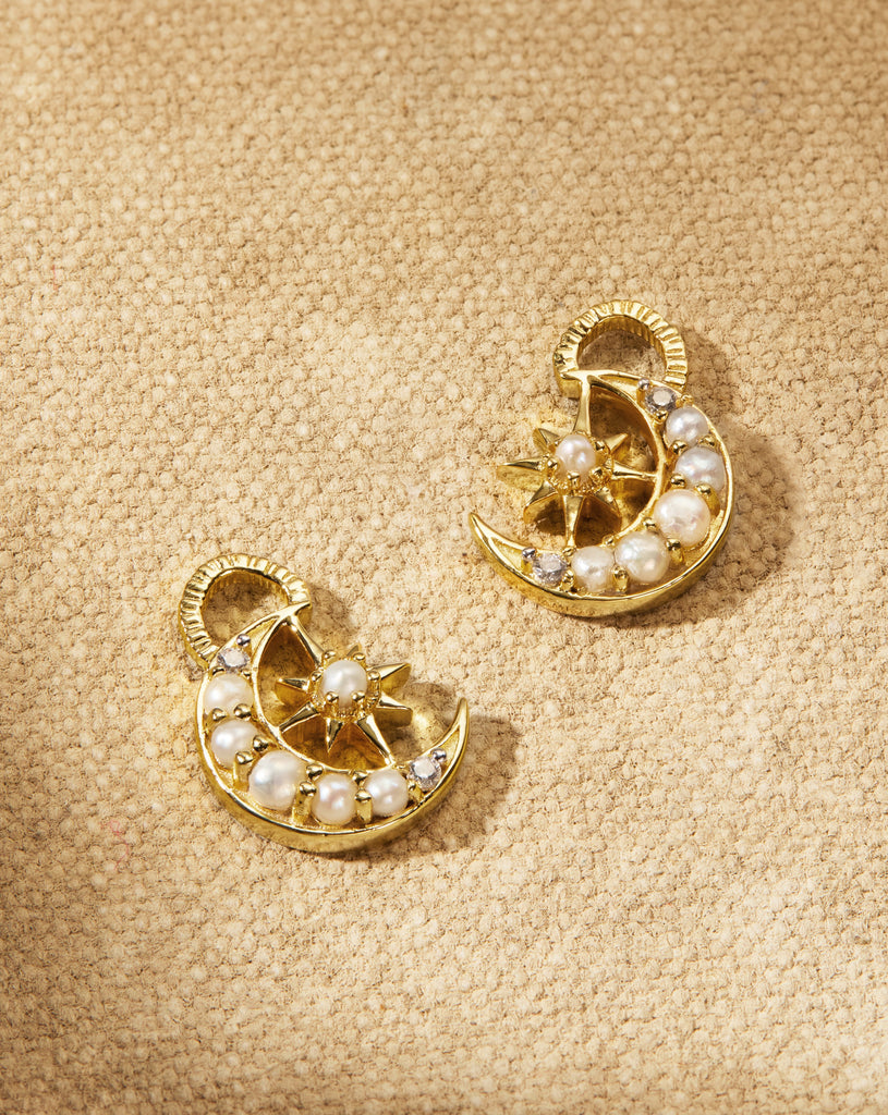 Luna Earring Charms, Gold Pearl Moon Earrings