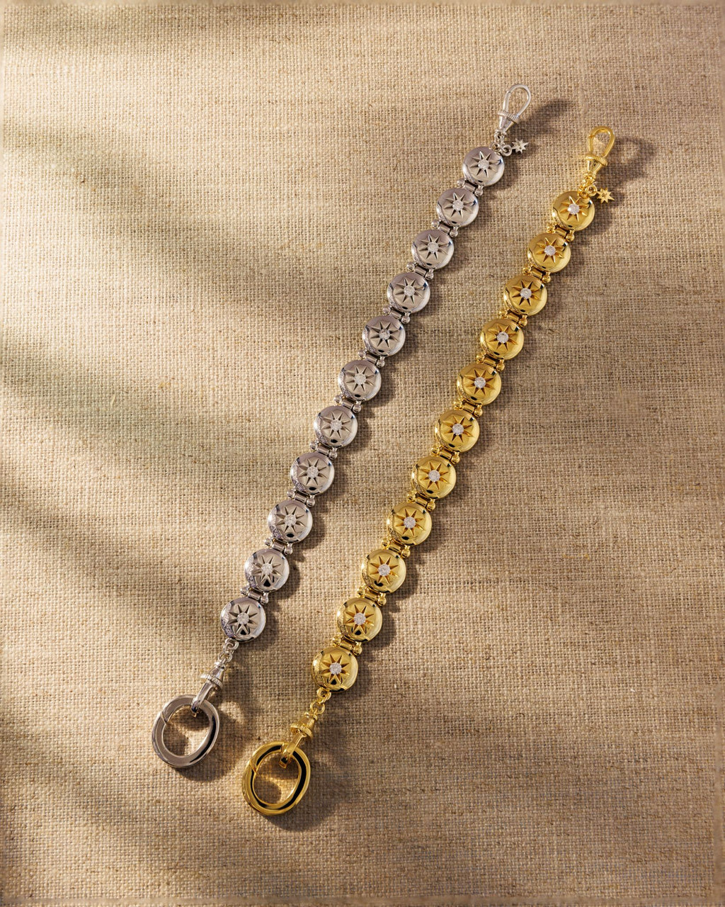 Raven James Alba Bracelet Set in sterling silver and 18ct gold plated brass - vintage button-inspired disc bracelets with star-set cubic zirconia and signature oval clasp