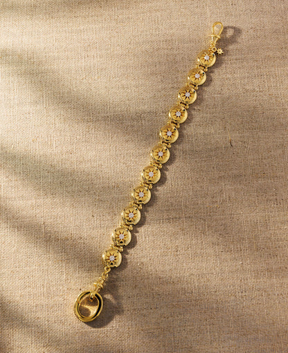 Raven James Alba Bracelet in 18ct gold plated brass - vintage button-inspired disc bracelet with star-set cubic zirconia and signature oval clasp