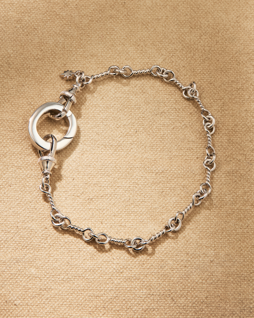 Delicate silver chain bracelet with central oval link for multiway styling and connecting pieces