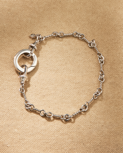 Delicate silver chain bracelet with central oval link for multiway styling and connecting pieces