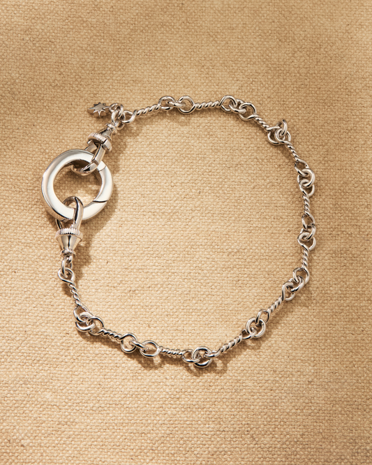 Delicate silver chain bracelet with central oval link for multiway styling and connecting pieces