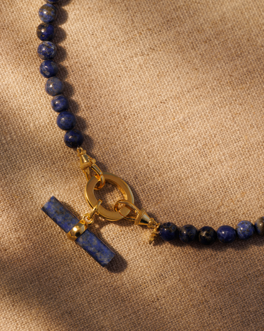 Blue lapis T-bar pendant with indigo lapis beaded necklace