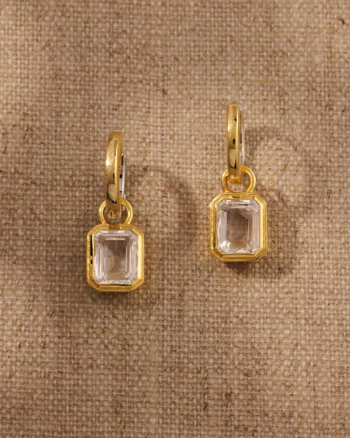 Clear quartz earring charms on Cara reversible hoop earrings