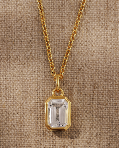 Gold vermeil clear quartz emerald cut pendant on Ivy chain necklace