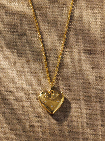 Raven James Cora Pendant on Ivy Necklace - 18ct gold plated heart locket with star-set crystals on a fine belcher chain