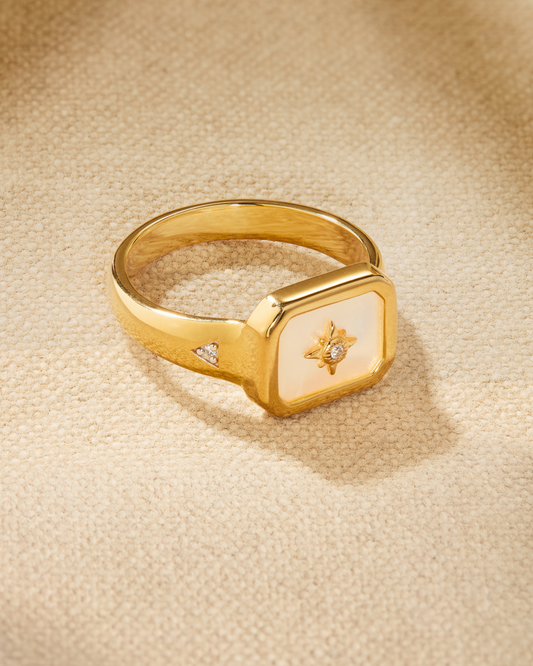 Dana signet ring in gold vermeil with mother of pearl and north star design, antique inspired stacking ring