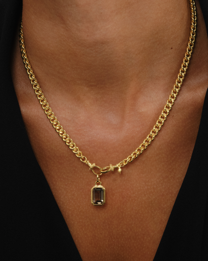 Dawn curb chain necklace with Lumi smoky quartz emerald cut pendant styled on model