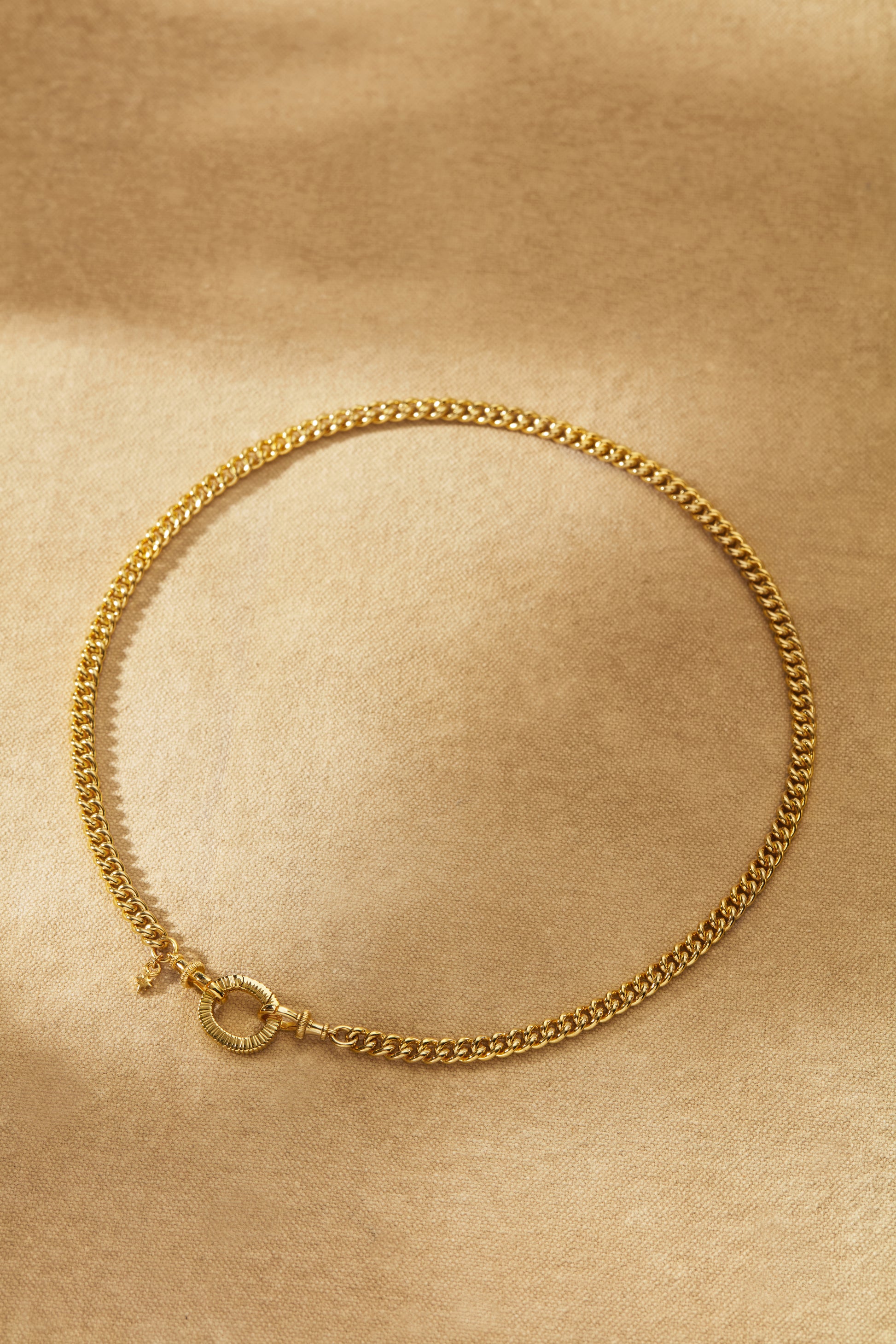 Dawn gold curb chain necklace with central oval clasp worn on model