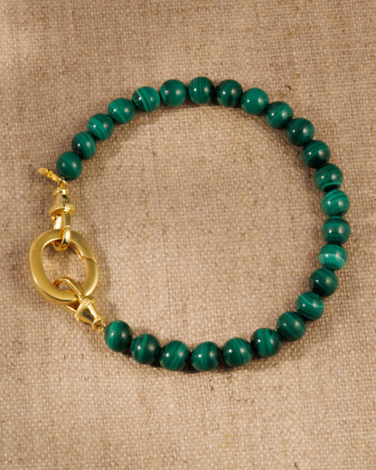 Farrah malachite beaded bracelet with gold vermeil clasp and removable oval link