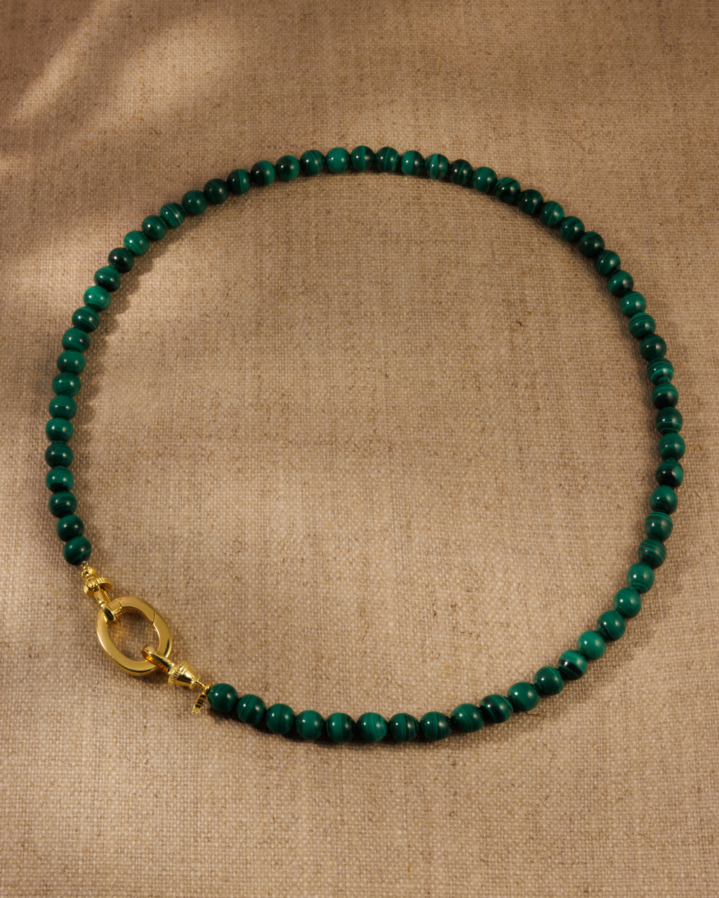 Fearne malachite beaded necklace with gold vermeil clasp and removable oval link