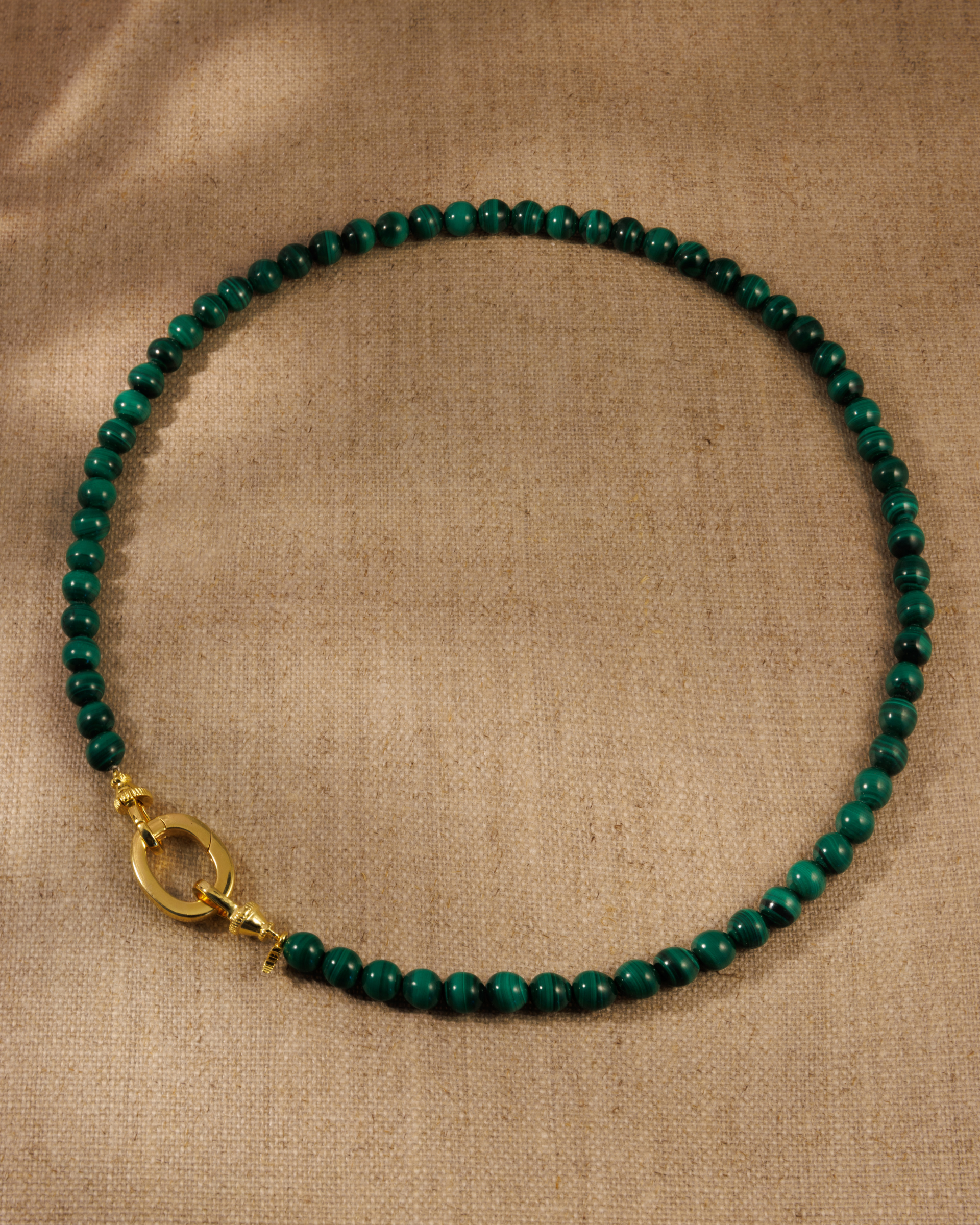 Fearne malachite beaded necklace with gold vermeil clasp and removable oval link