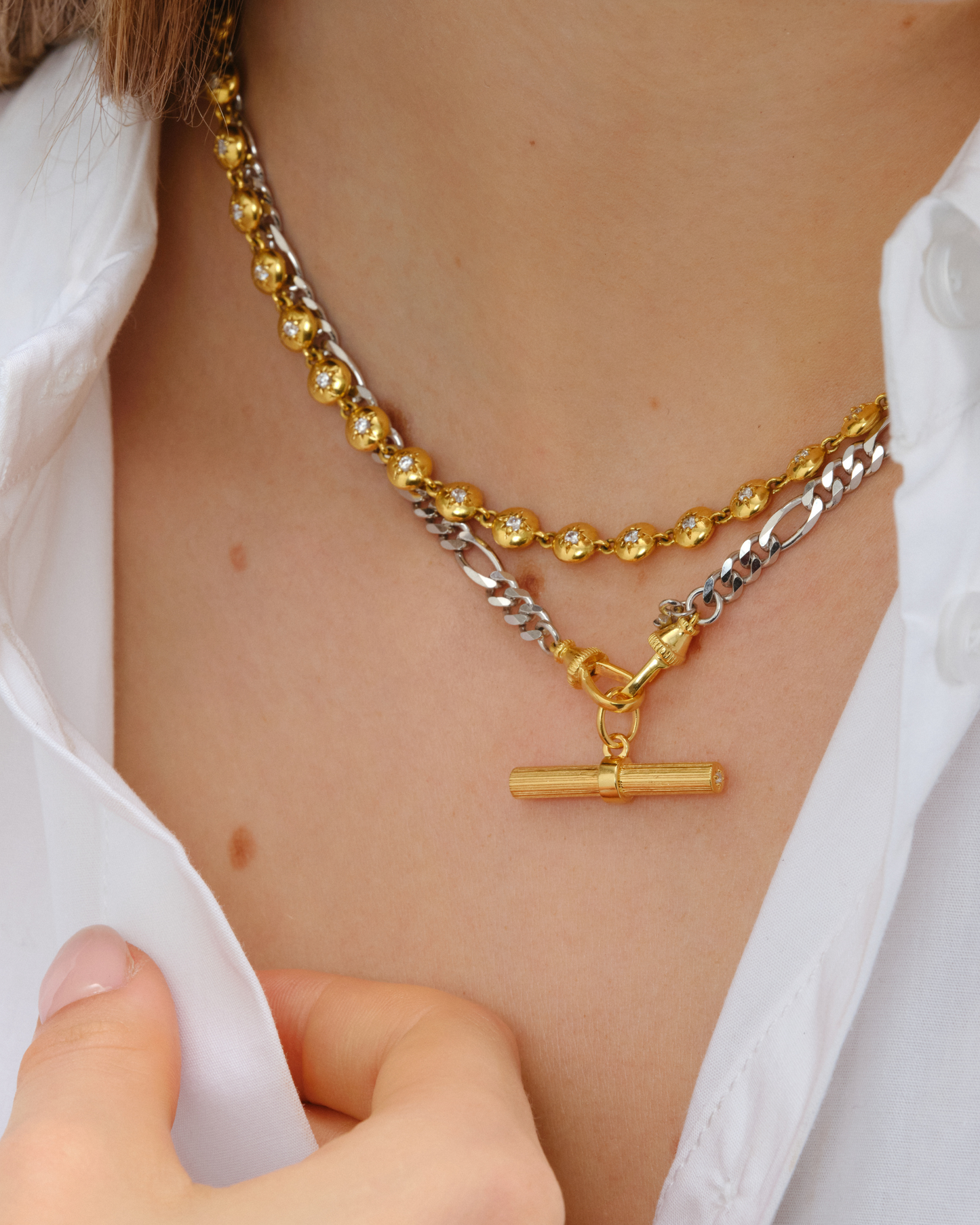 Lexi crystal T-bar pendant paired with River and Lulu Gold 