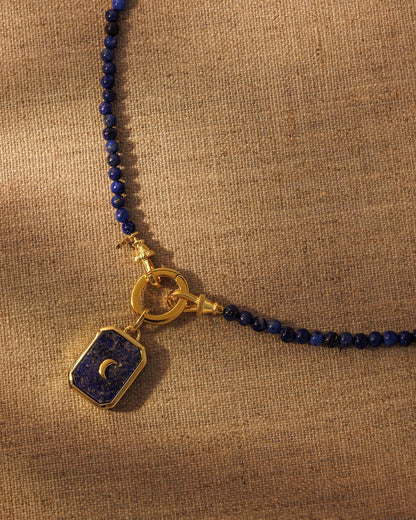 Blue lapis bead necklace with reversible moon pendant with lapis lazuli and amazonite set in gold