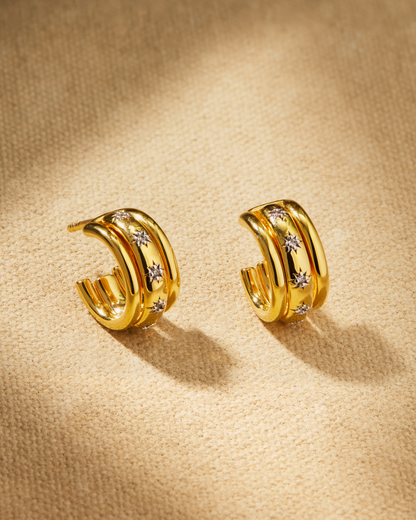 Jemima hoop earrings in gold with star engraving and crystals, convertible jacket earrings worn with and without outer layer