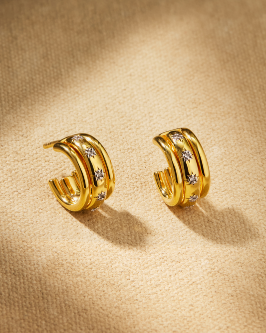 Jemima hoop earrings in gold with star engraving and crystals, convertible jacket earrings worn with and without outer layer