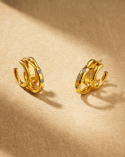 Jemima gold hoop earrings with engraved star design and detachable jacket for multiple styling options