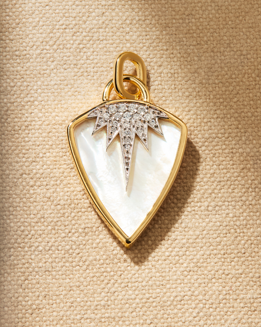 Antique-inspired shield pendant set with mother of pearl and crystals