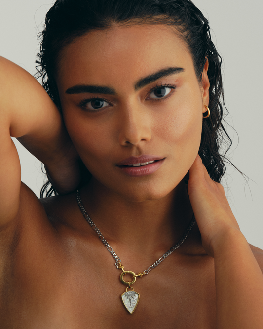 Jumana pendant necklace with River chain in gold and sterling silver, mother of pearl shield pendant with oval ring multiway styling worn layered