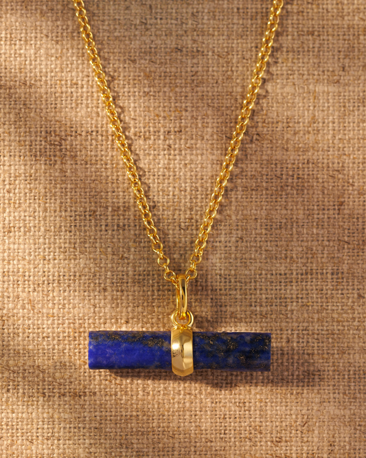 Lapis lazuli T-Bar Pendant on gold ivy chain 