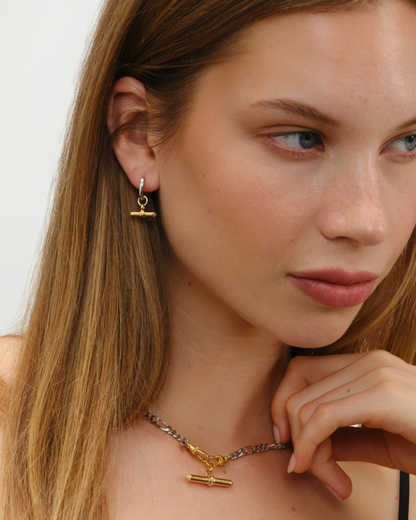 Lauren T-bar earring charms paired with Cara reversible hoop earrings in gold vermeil and sterling silver