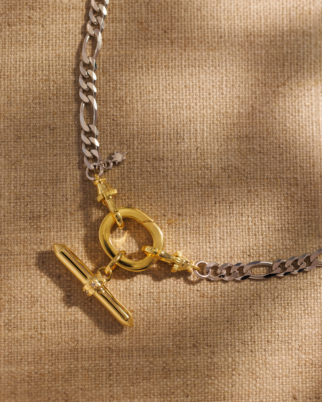 Lauren gold T-bar pendant on River mixed-metal figaro chain necklace