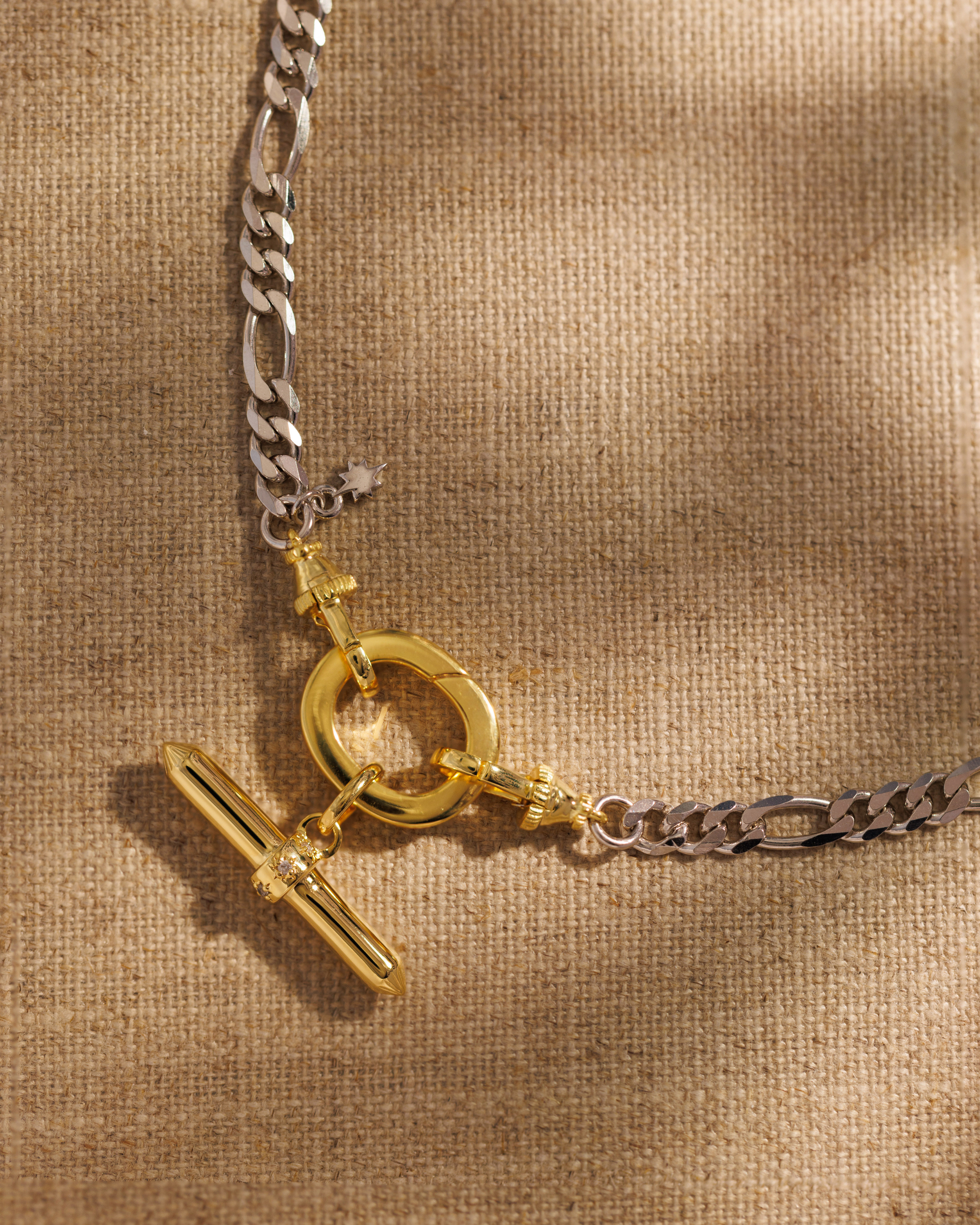 Lauren gold T-bar pendant on River mixed-metal figaro chain necklace