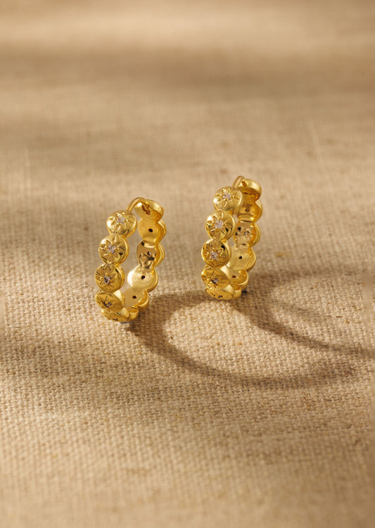 Raven James Layla Hoop Earrings in 18ct gold plated brass - vintage-inspired midi hoops with star-set cubic zirconia and hinge fastening