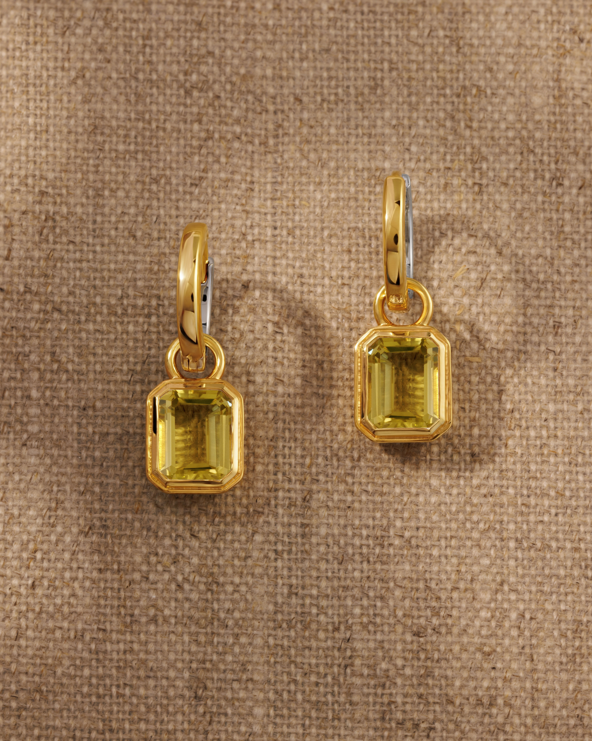 Lemon quartz earring charms on Cara reversible hoop earrings