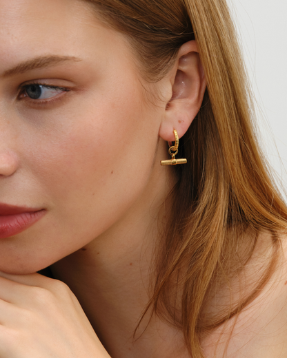 Crystal T-bar earring charms on reversible silver  and gold hoop earrings
