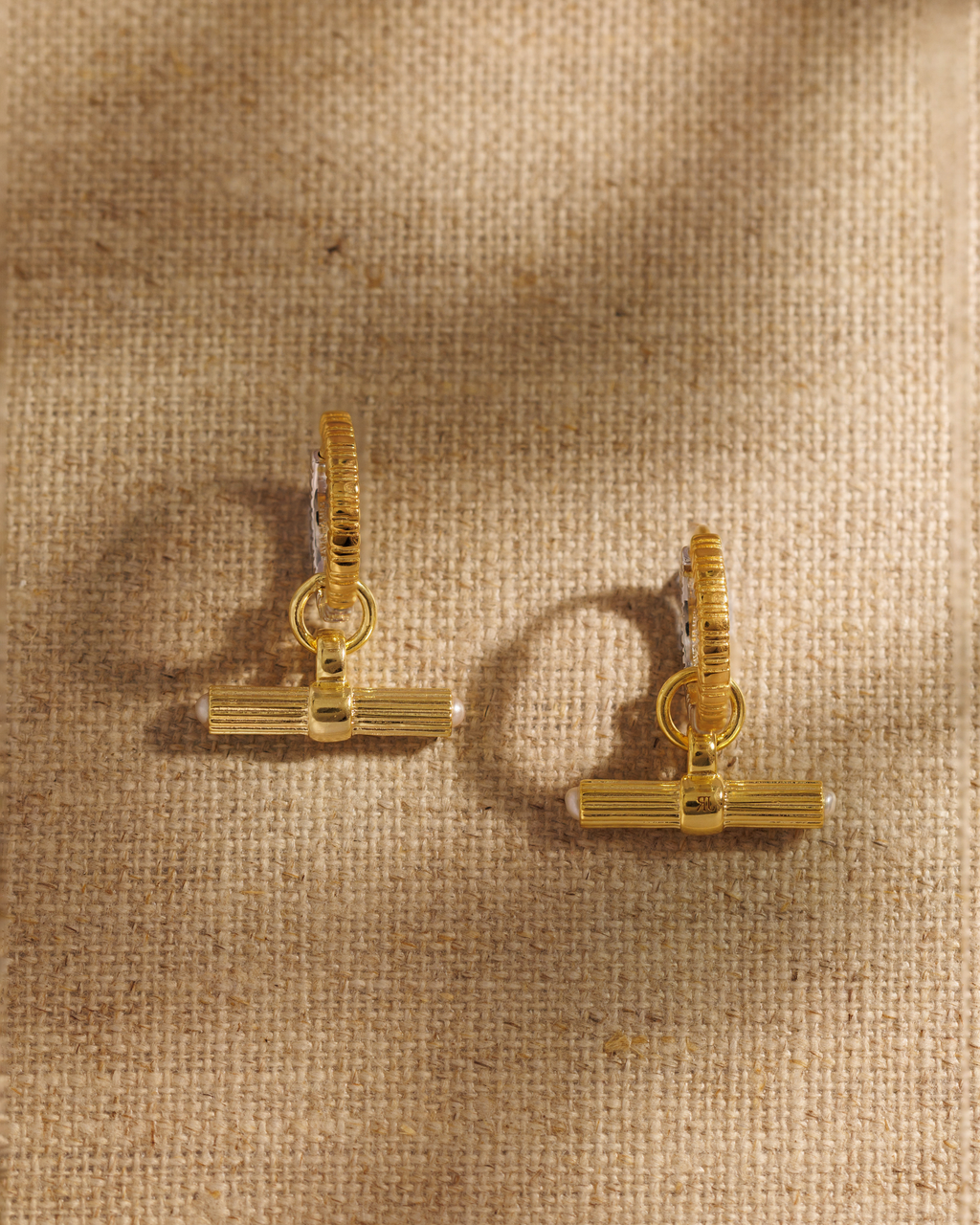 Libby gold T-bar earring charms with pearl detail on Coin reversible hoop earrings