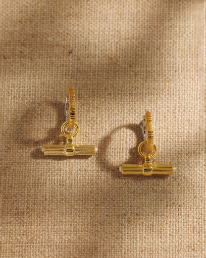 Libby gold T-bar earring charms with pearl detail on Coin reversible hoop earrings