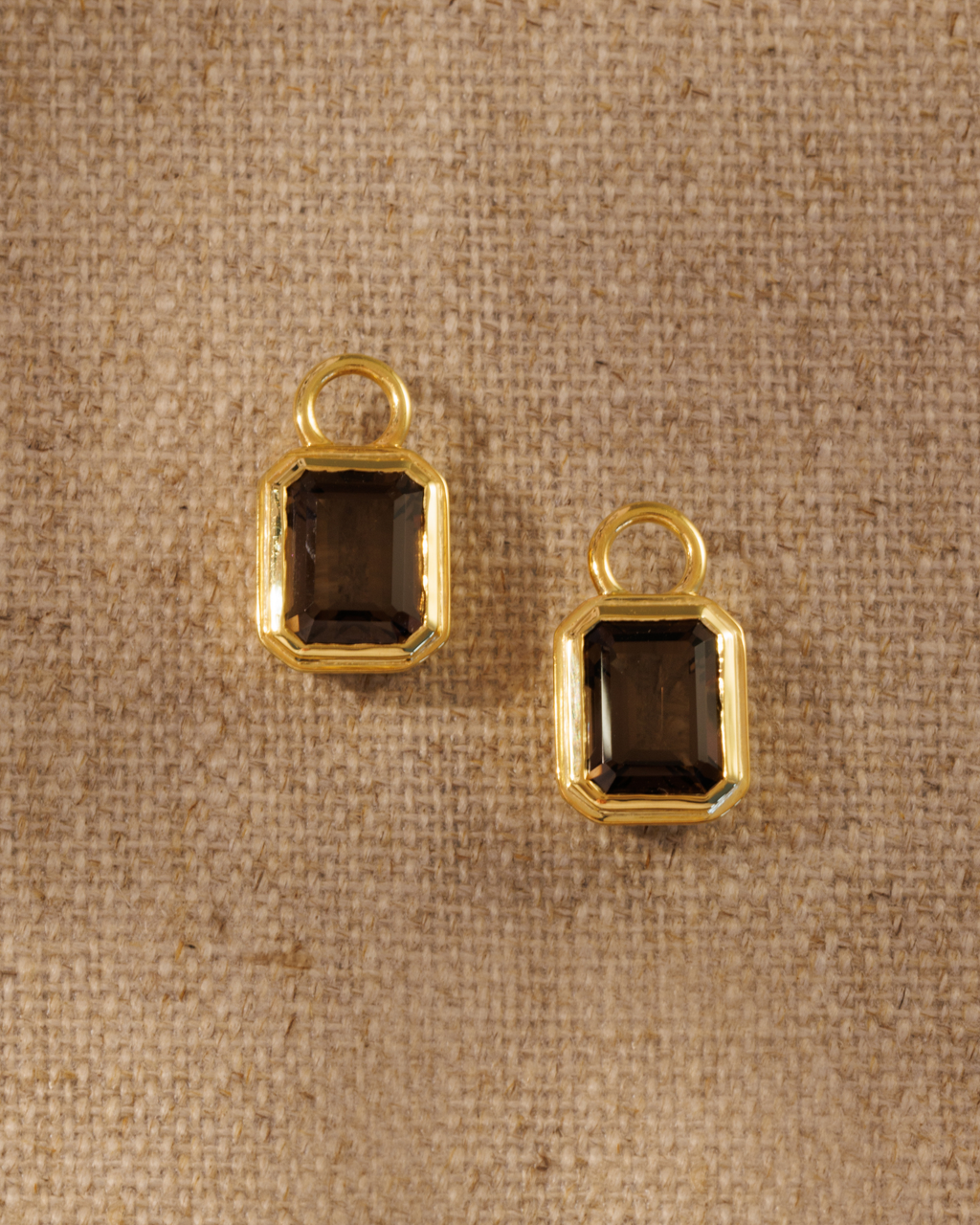 Smoky quartz emerald cut earring charms in gold setting