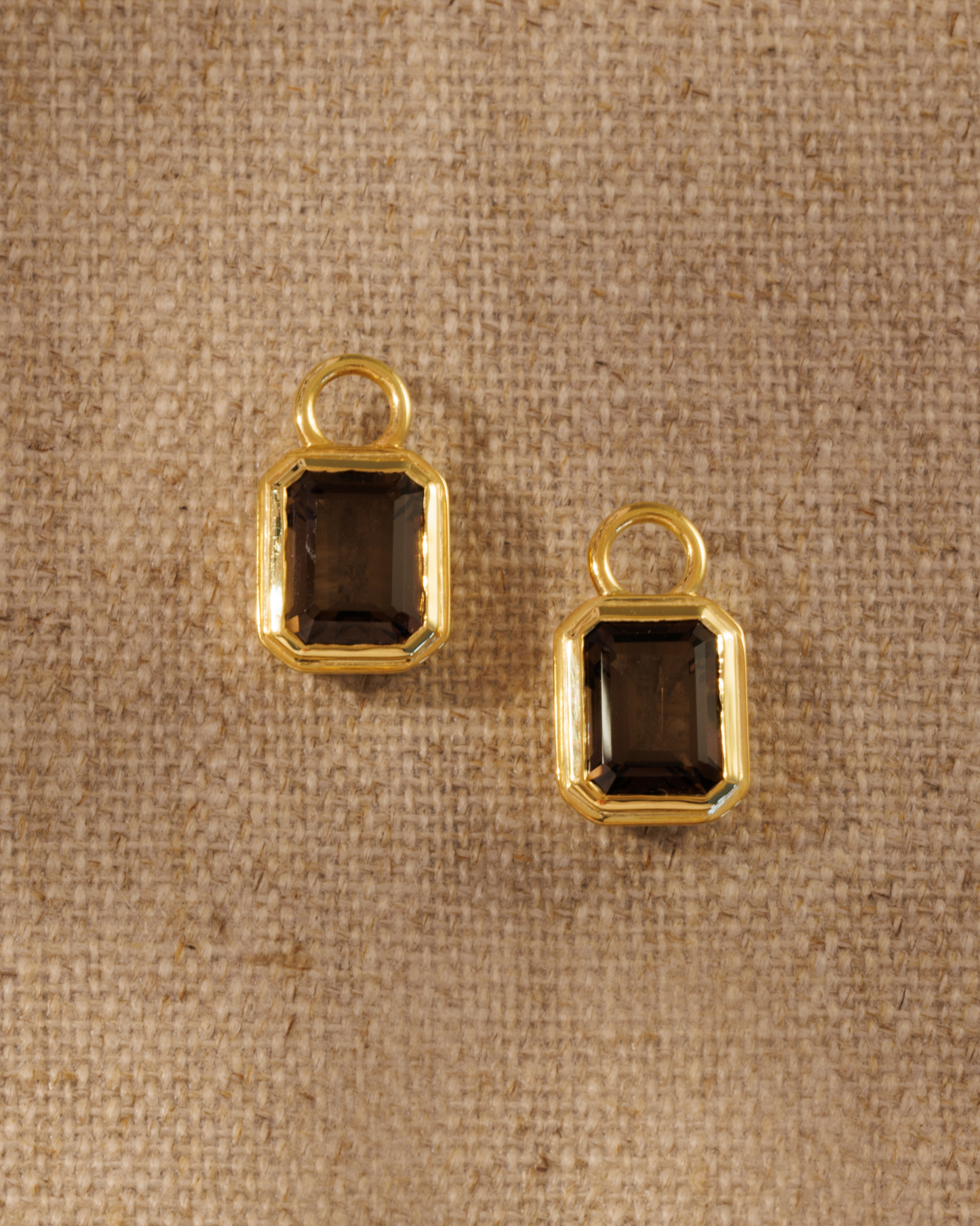 Smoky quartz emerald cut earring charms in gold setting