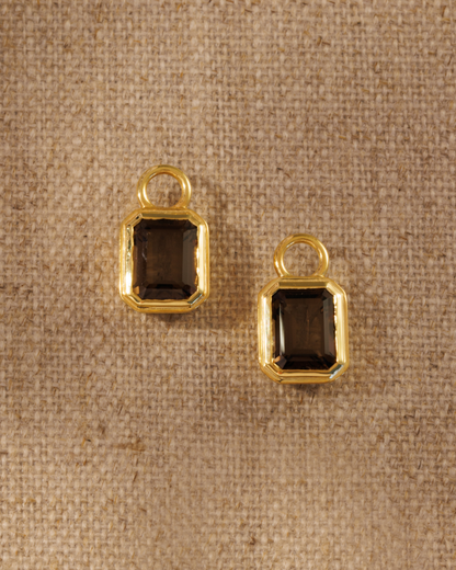 Smoky quartz emerald cut earring charms in gold setting