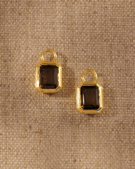 Smoky quartz emerald cut earring charms in gold setting