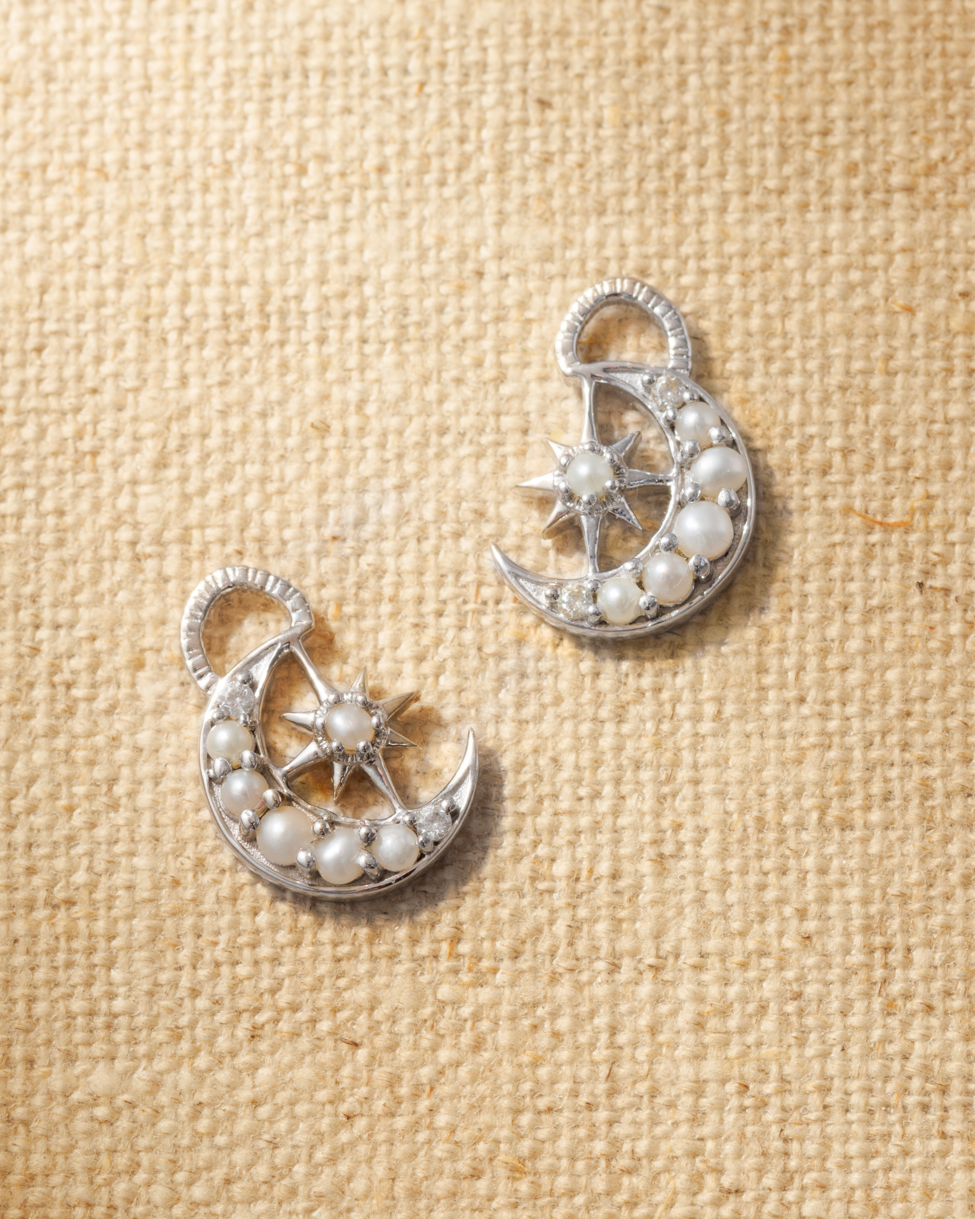 Silver moon earring charms with pearls and brilliant cut crystals designed for hoop or huggie earrings