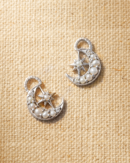 Silver moon earring charms with pearls and brilliant cut crystals designed for hoop or huggie earrings
