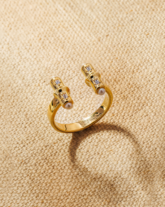Gold open ring with T-bar ends, crystals and pearl detail