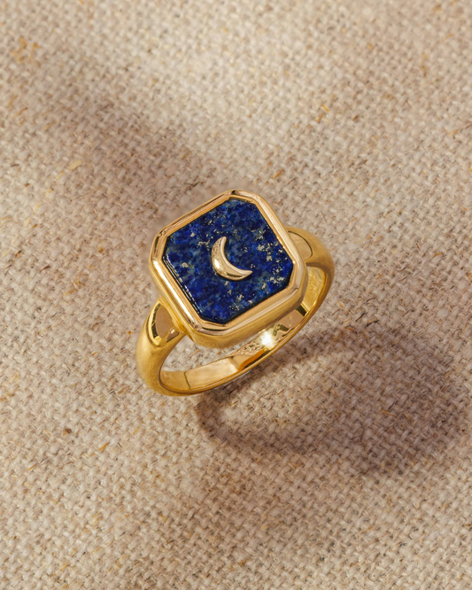 Moon Talisman gold ring with lapis lazuli and crescent moon detail