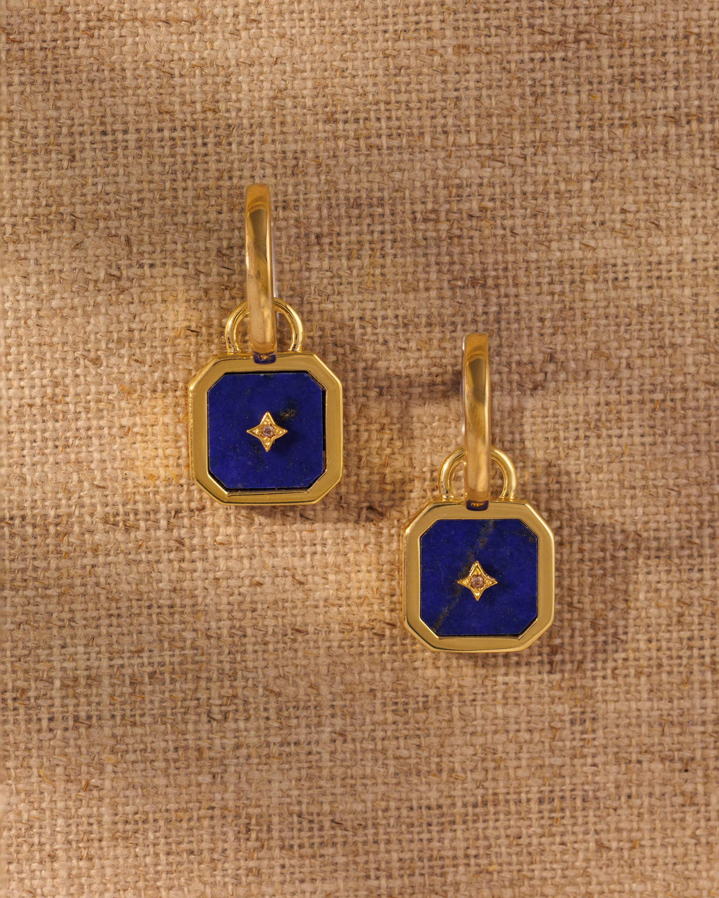 Moon talisman lapis gold earring charms with crystal star detail on Cara hoops