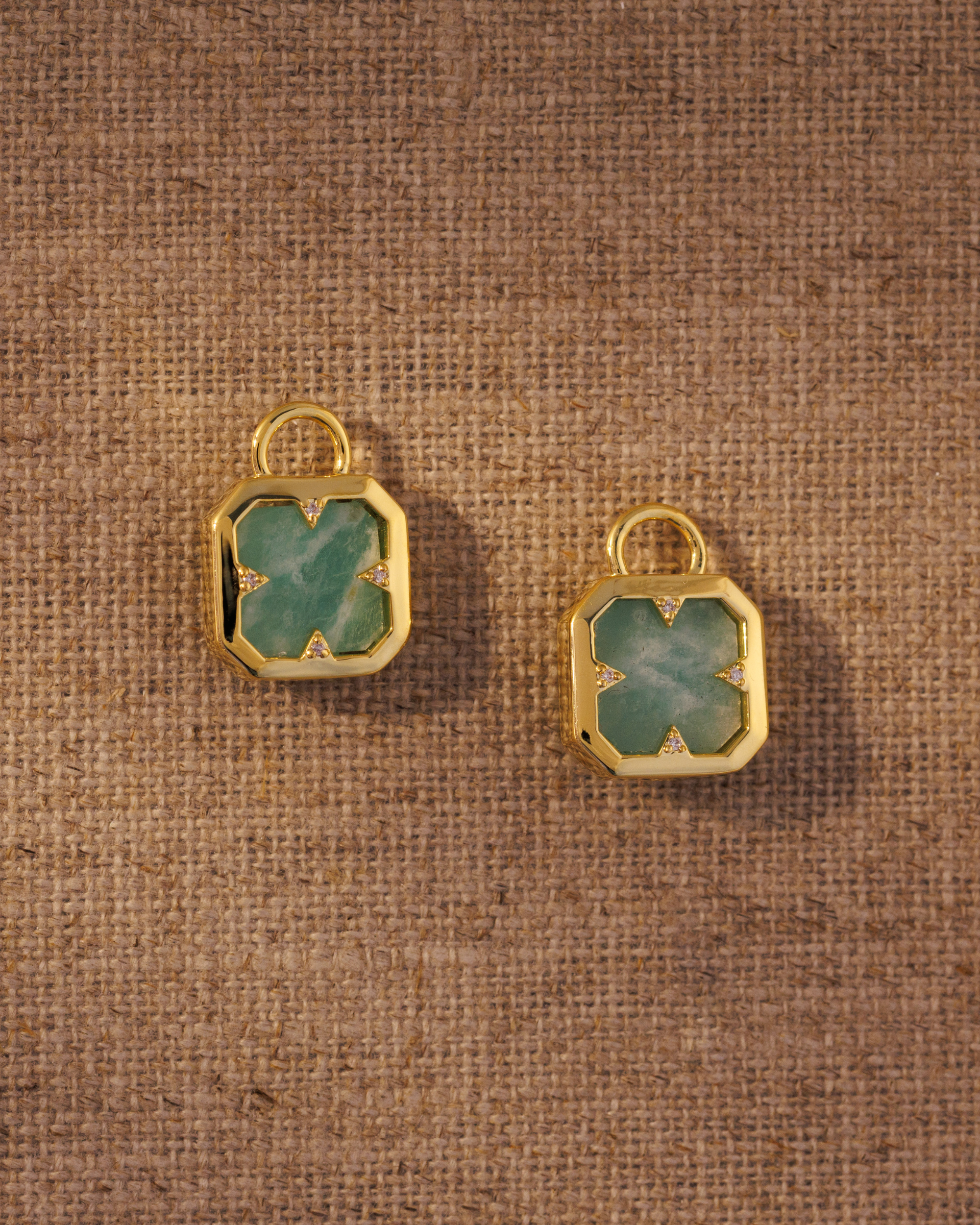 Moon talisman amazonite gold earring charms with crystal star detail on Cara hoops
