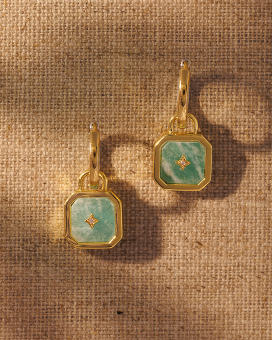 Moon talisman amazonite earring charms with crystal star detail on Cara hoops