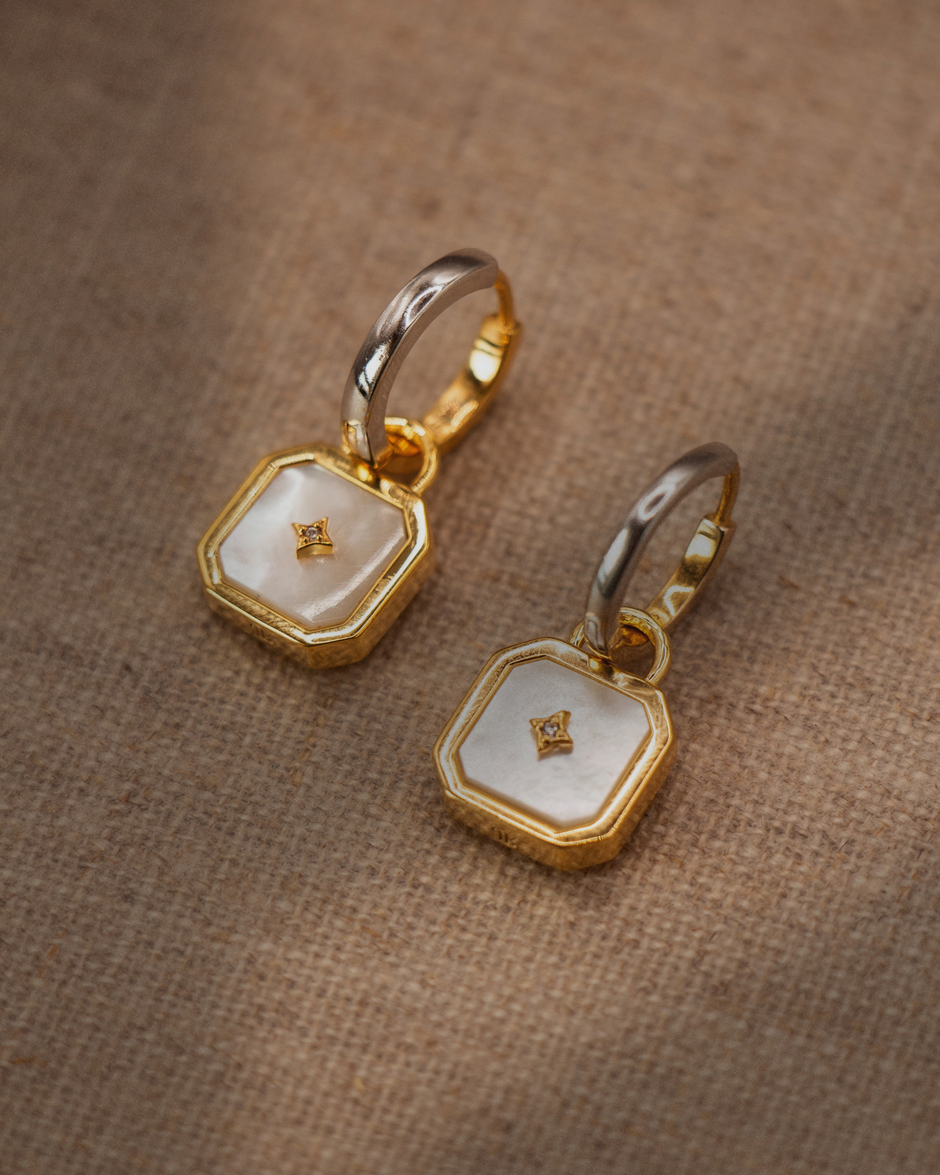 Moon talisman pearl earring charms on Cara reversible hoops