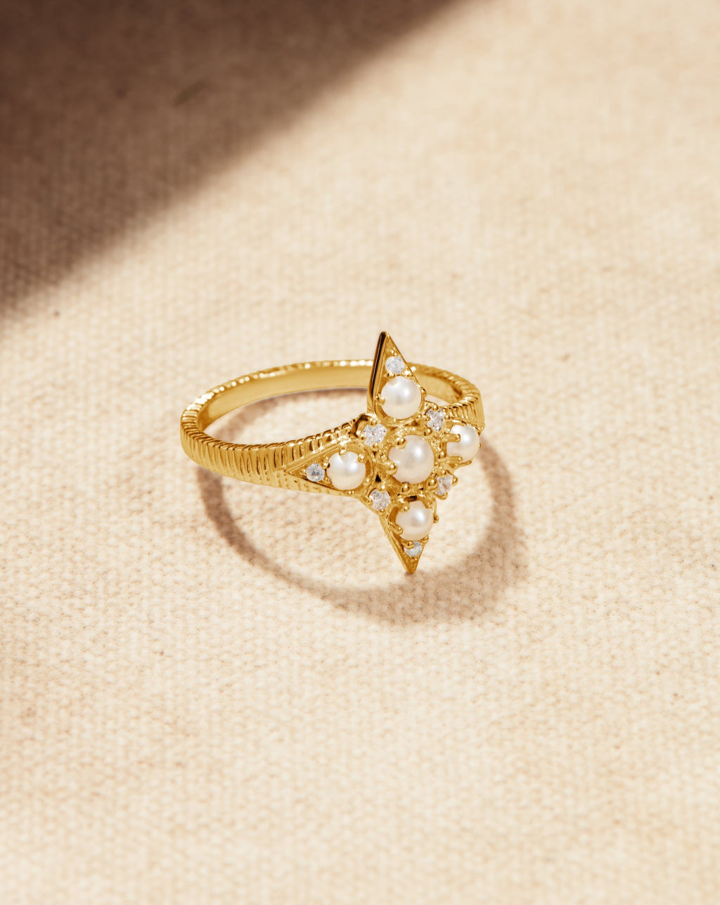 Nova gold vermeil star ring with crystals and seed pearls