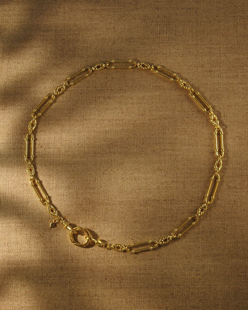 Chunky gold antique trombone link chain necklace, Raven James.
