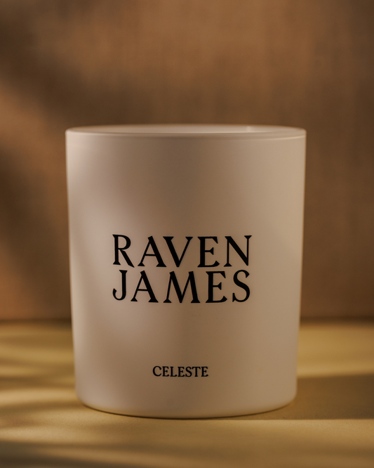 Raven James scented candle with peony, vetiver and amber fragrance