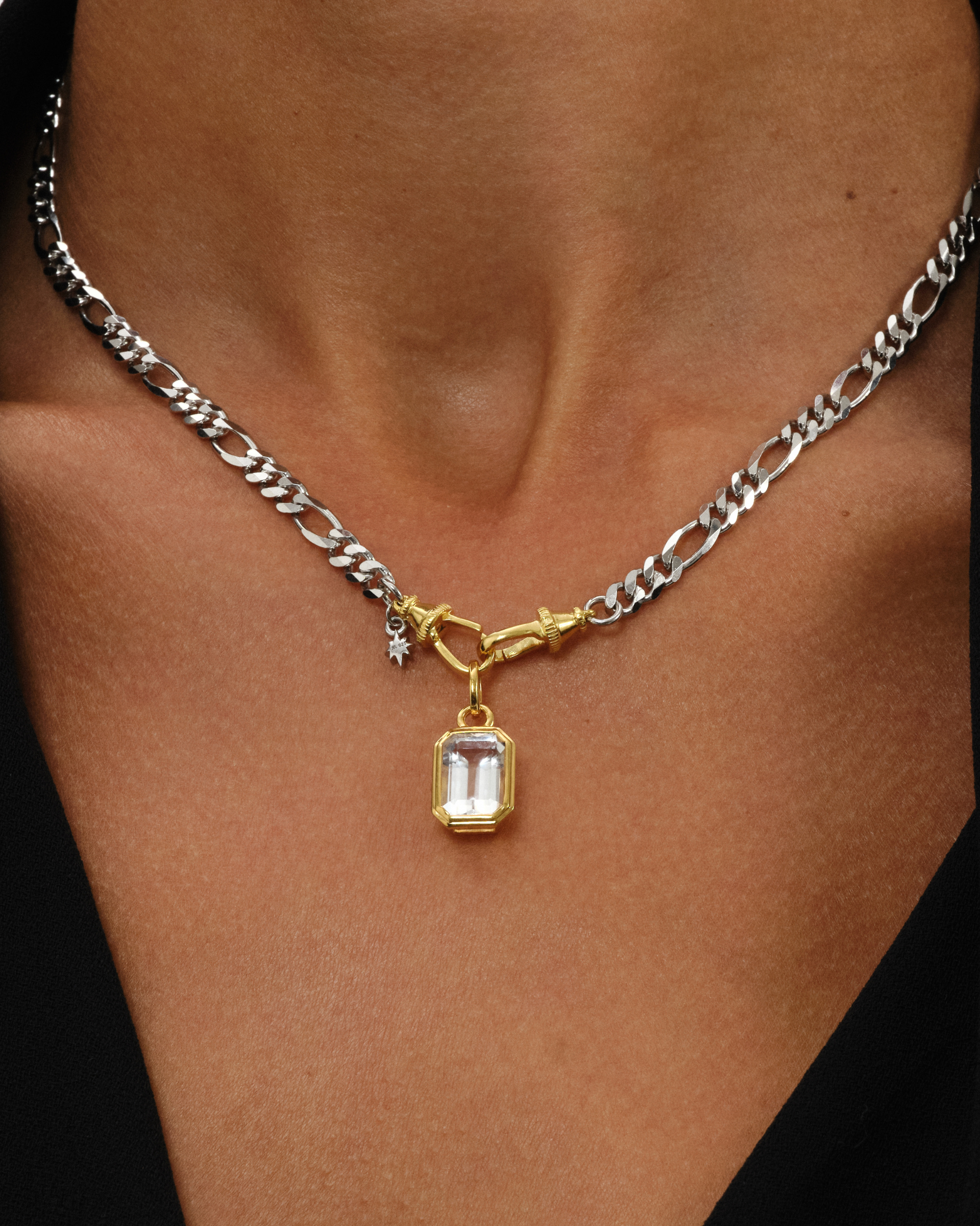 River figaro chain necklace with emerald cut clear quartz pendant styled on model