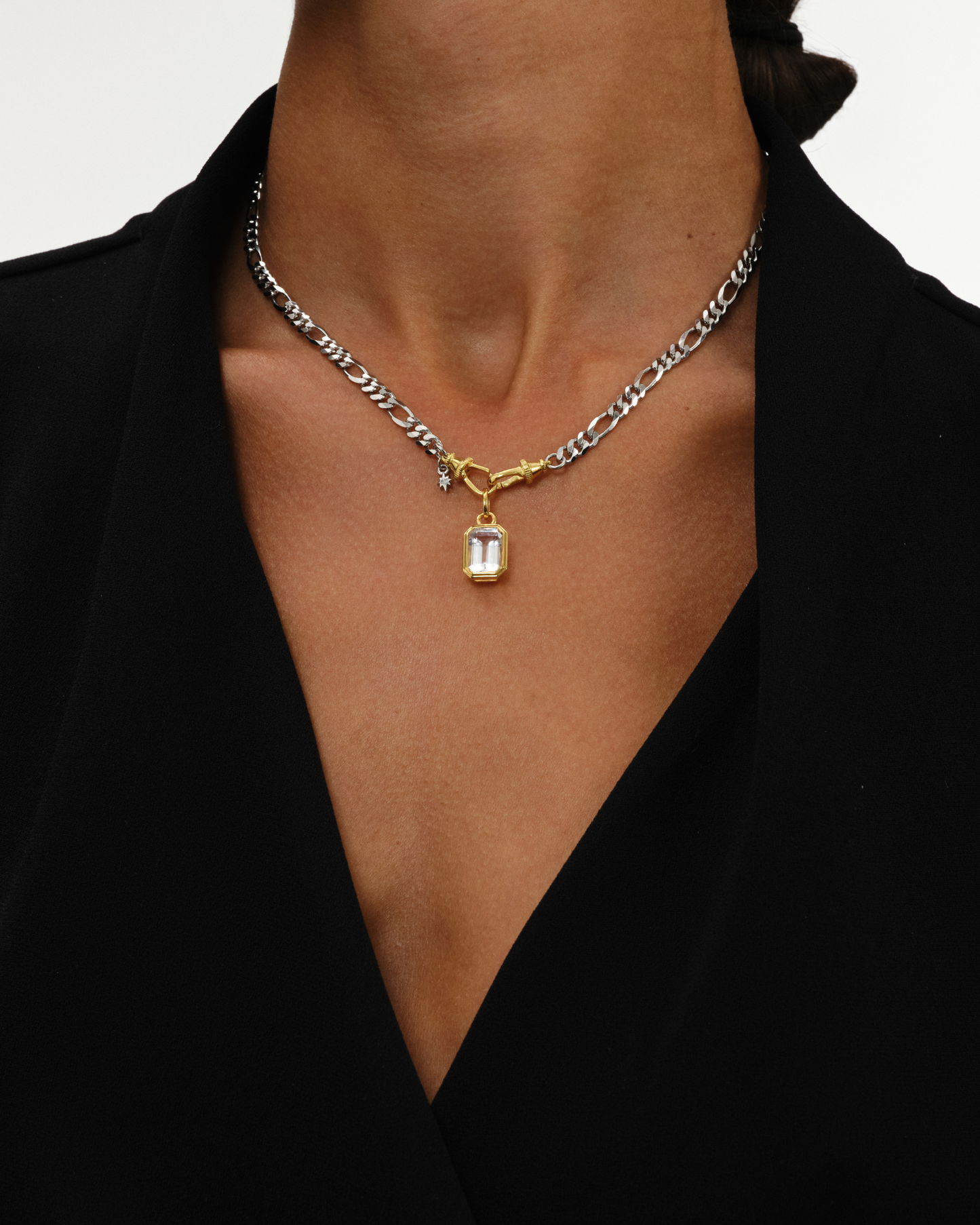 Sterling silver River chain necklace with clear quartz pendant charm