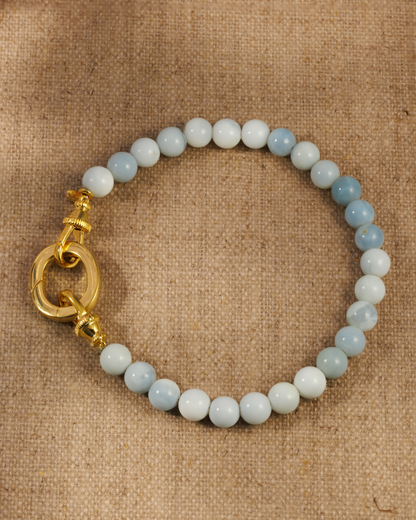 Sienna Peru blue opal gemstone beaded bracelet with gold oval clasp